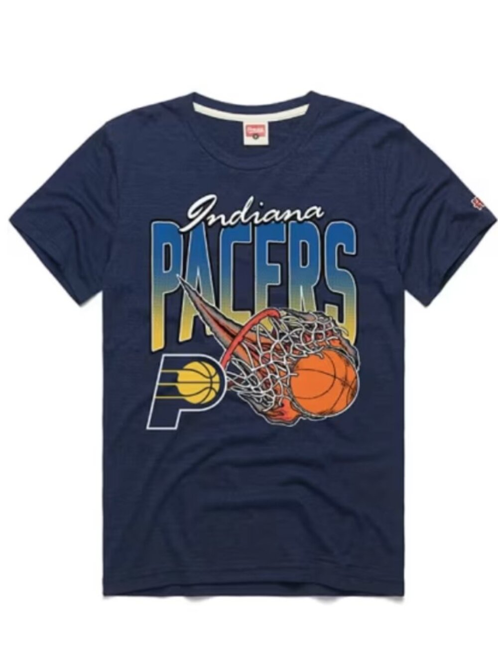 HOMAGE Navy Indiana Pacers Tee with Blue, Yellow & Orange Print, Small NWOT